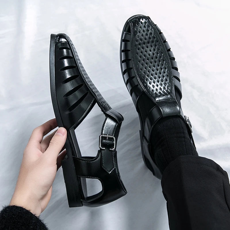 Brand's New Men's Summer Oversized Breathable Sandals Retro Pointed Men's Fashion Trend Hollowed Out Comfortable Leather Shoes