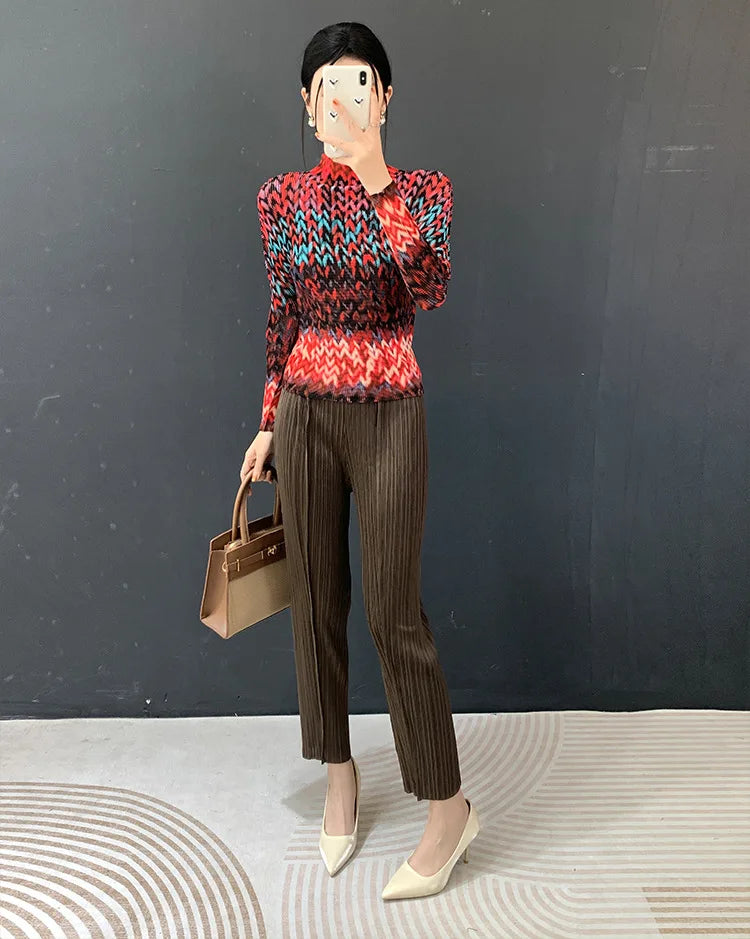 Miyake Pleated 2026 Spring and Summer New Fashion Tops Women's Long-sleeved Half-high Collar Printed T-shirt Bottoming Shirt