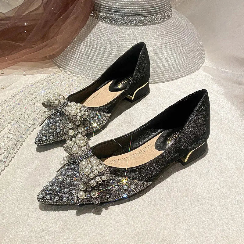 Women's Summer Footwear Pearl Square Heels Shoes for Woman 2025 Pointed Toe Diamond Low Heel Elegant with Crystals Rhinestone