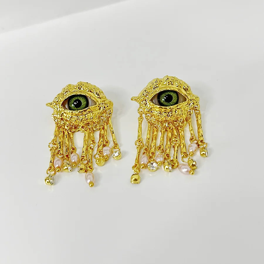 Medieval Personality Devil's Eye Pearl Tassel Earrings for Women Girl Light Luxury High-end Ring Necklace  Jewellery Accessories