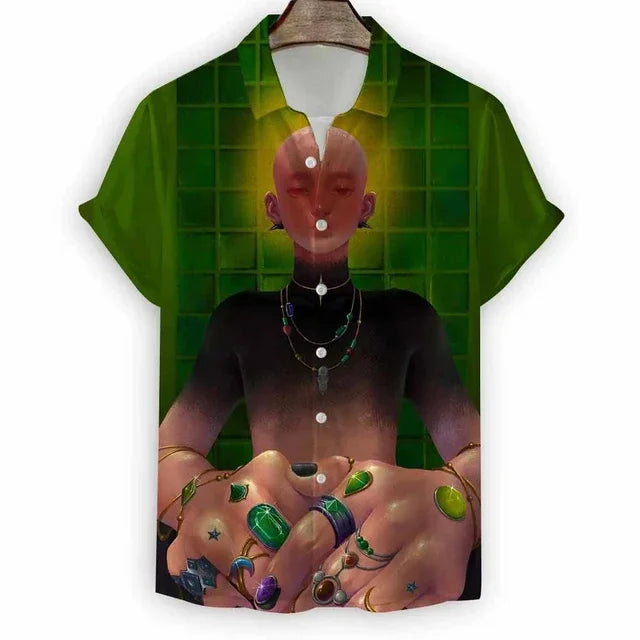 2024 New Beach Modern Girls Print Men's Shirt Casual Fashion Shirt Button Lapel Streetwear Oversized Men's Short Sleeve Shirt