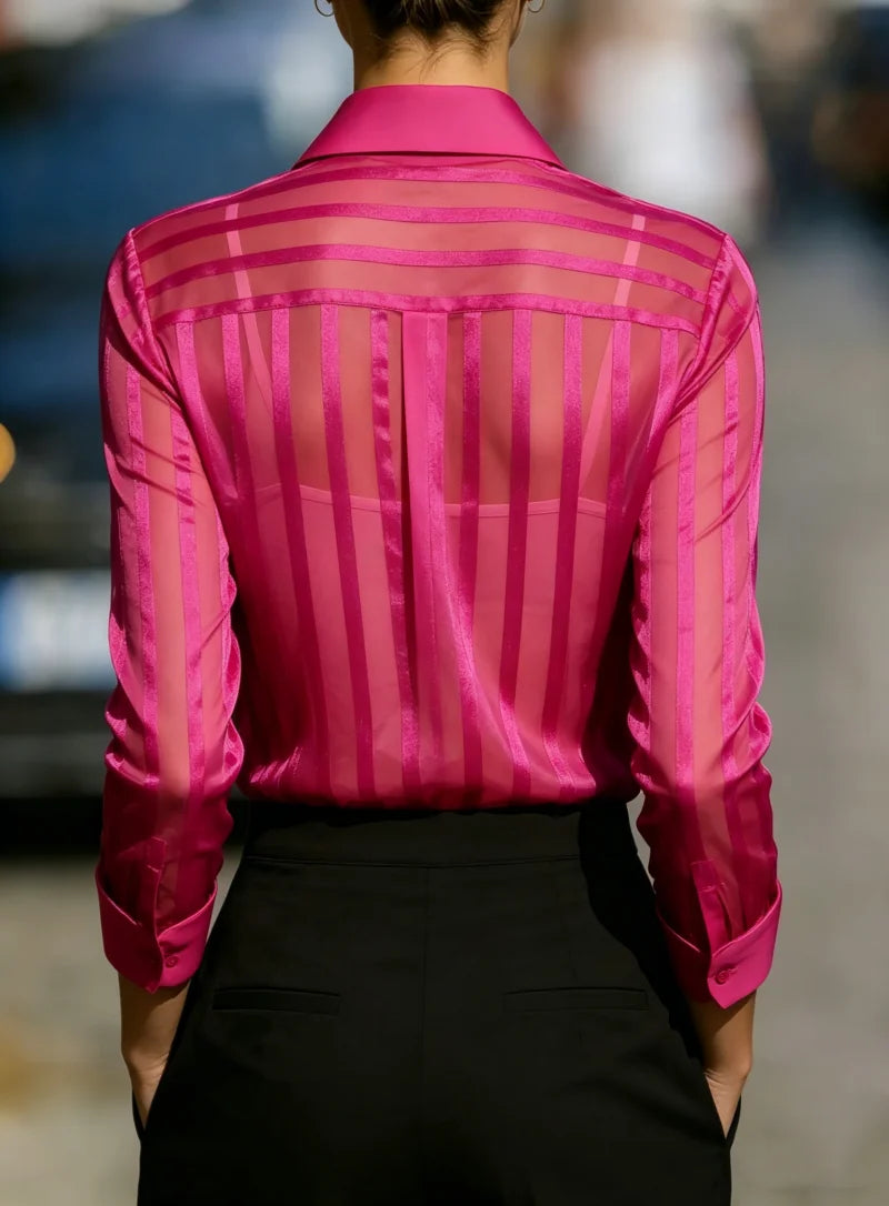 Sheer Vertical Stripe Button Down Shirt Long Sleeve Collared Blouse For Women Office Top