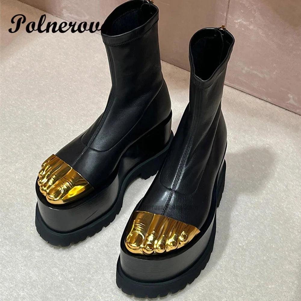 Gold Brass Toes Boots Women Five Gold Fingers Booties Back Zippers High Top New Fashion Banquet Runway 2024 Zapatos Para Mujere