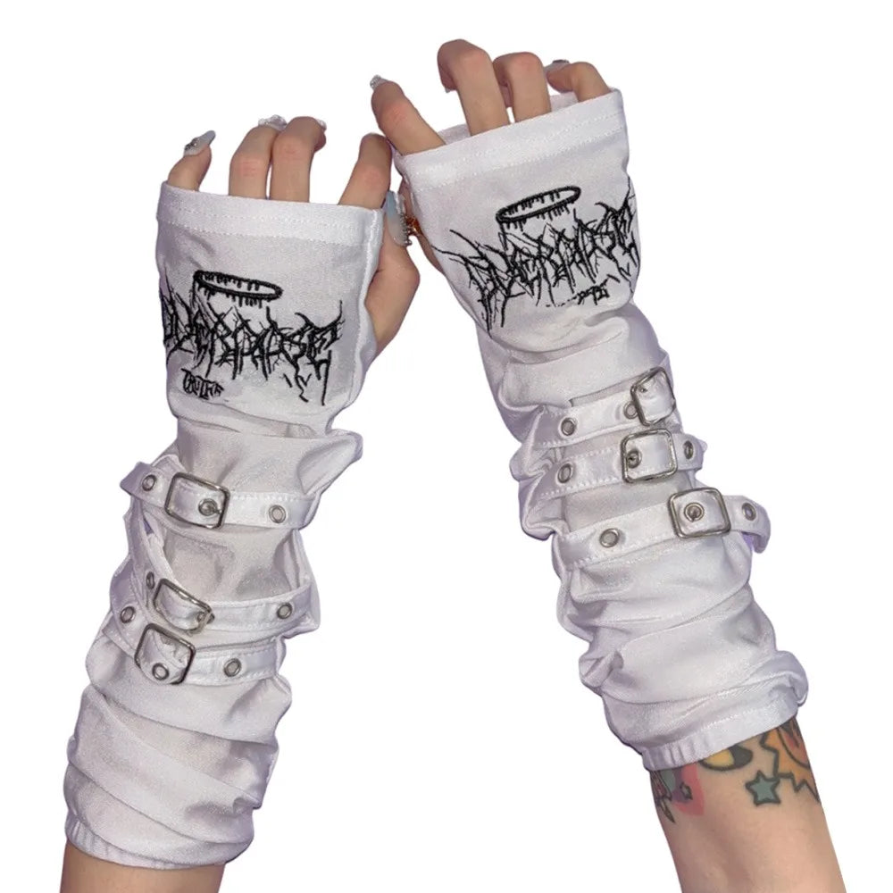Fashion Metal Buckle Arm Sleeves Y2K Japanese Sunscreen Gloves Embroidery Harajuku Cosplay Gloves Women