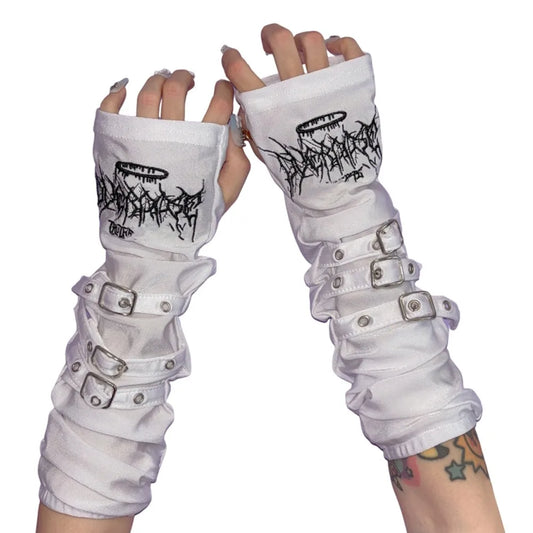 Fashion Metal Buckle Arm Sleeves Y2K Japanese Sunscreen Gloves Embroidery Harajuku Cosplay Gloves Women