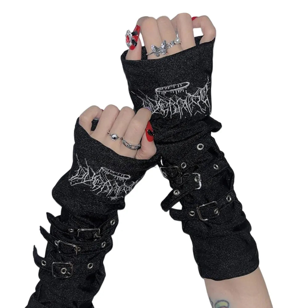 Fashion Metal Buckle Arm Sleeves Y2K Japanese Sunscreen Gloves Embroidery Harajuku Cosplay Gloves Women