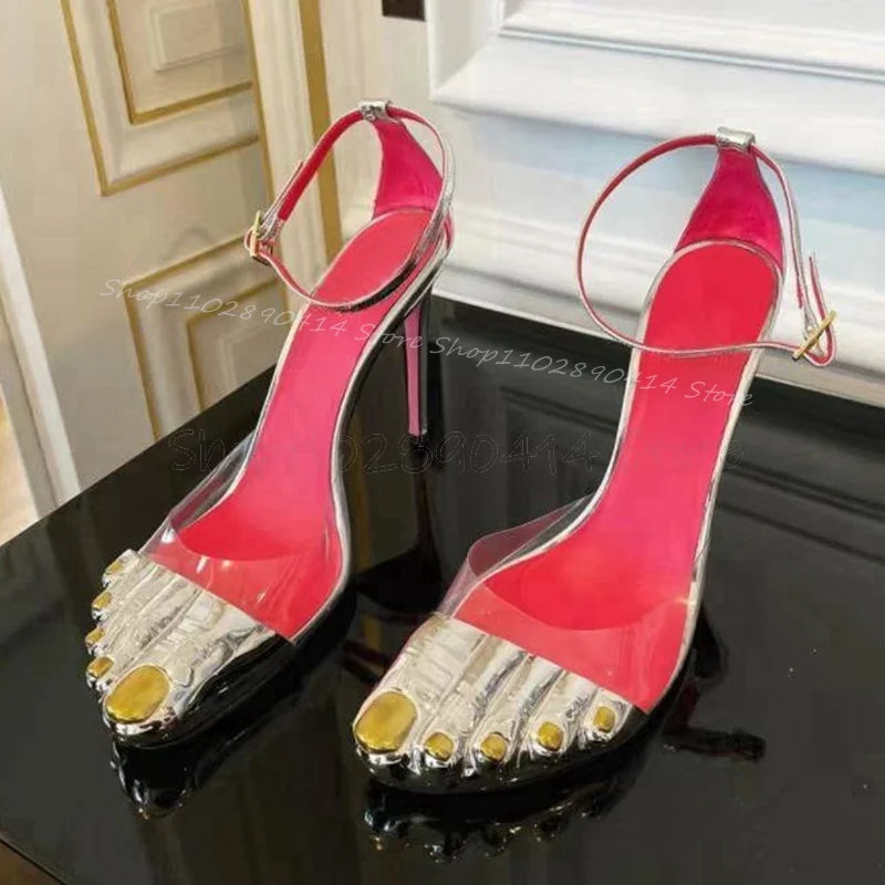 Golden Brass Five Fingers Black Satin Sandals Ankle Buckle Strap Women Shoes Thin High Heels New Runway 2024 Zapatos Para Mujere