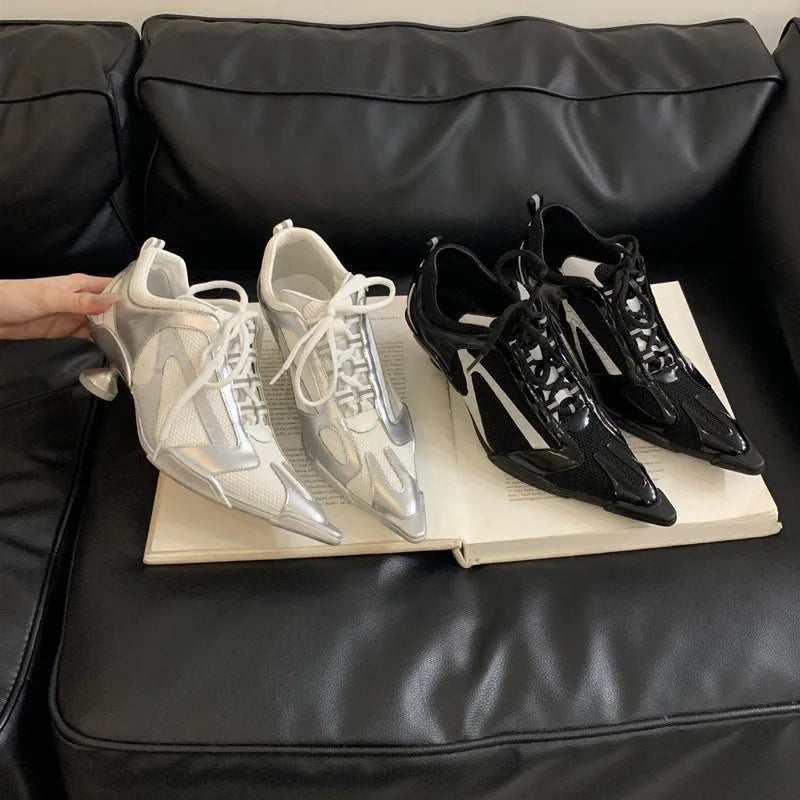 Sport Style Fashion Mixed-color Pointed toe Women Pumps Spring Autumn Breathable Mesh Strange High heels Casual Sneakers Shoes