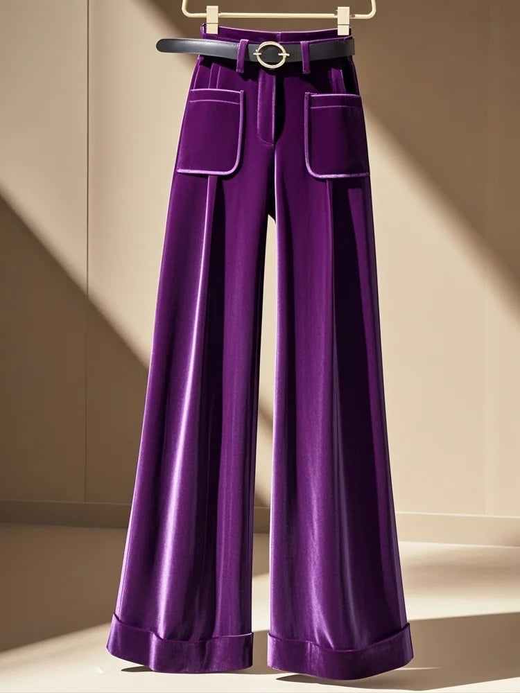Limiguyue Purple Thicken Velvet Pants Women Warmful High Waist Autumn Winter Trousers Casual Ankle-Length Straight Pants 553A