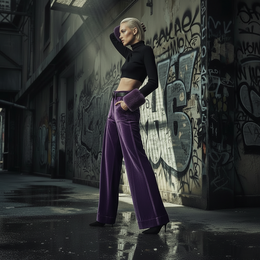 Purple Thicken Velvet Pants Women Warmful High Waist Autumn Winter Trousers Casual Ankle-Length Straight Pants 553A