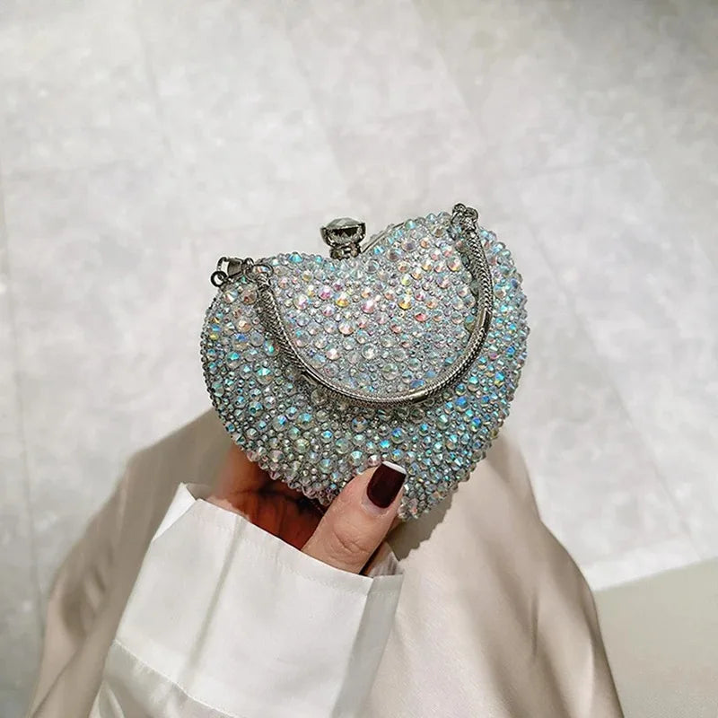 Luxury Diamond Inlay Heart Shape Crystal Clutch Purse Stones Evening Wedding Party Shoulder Bags Handle Rhinestone Mini Handbags