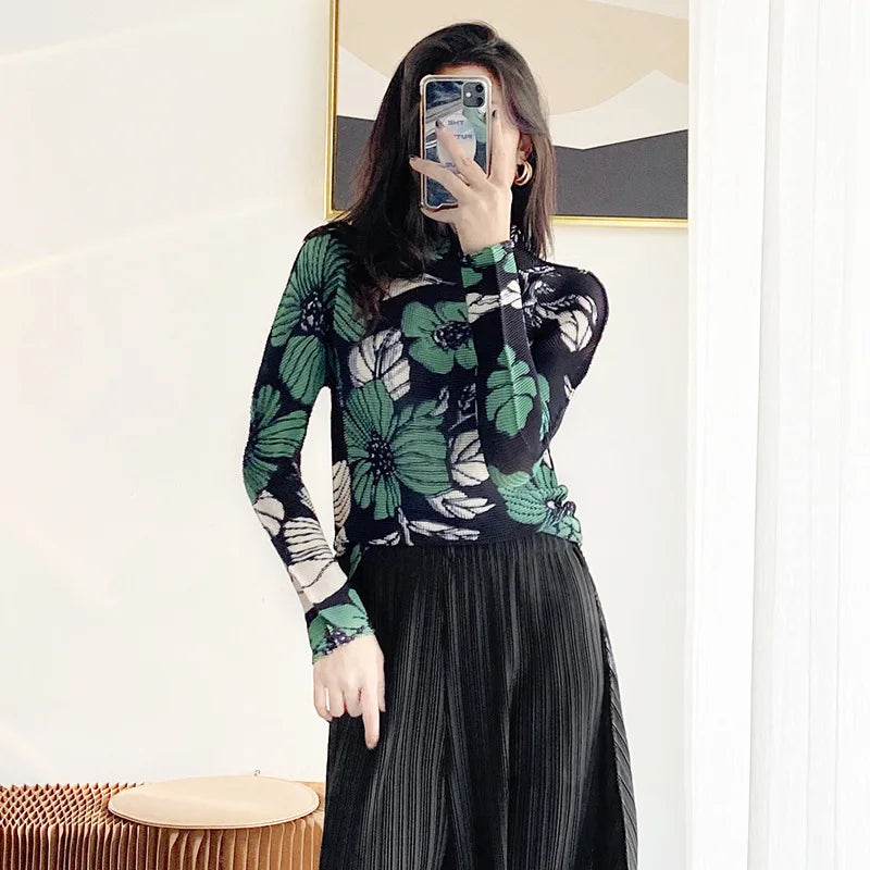 Miyake Pleated Contrasting Colors T-shirt Women Half Turtleneck Skinny Pullover 2025 Summer Fashion Female Clothing