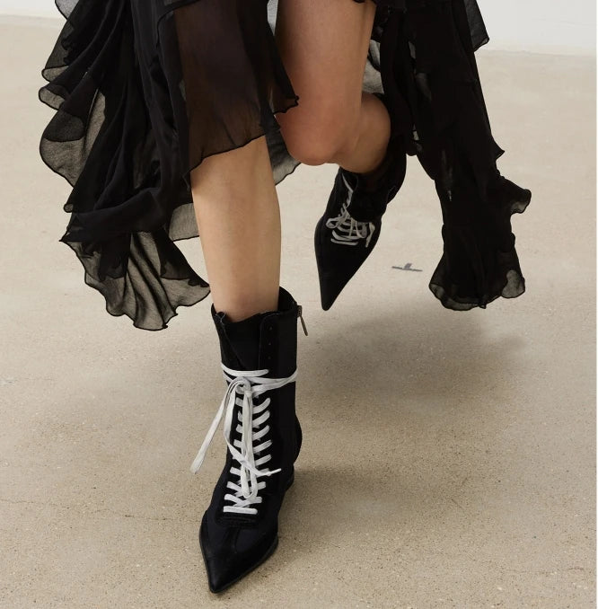 Pointed Toe Cross-tied Designer Women Boots Warm Strange Heel Retro Ankle Boots Zip Street Style Fashion High Short Boots Female