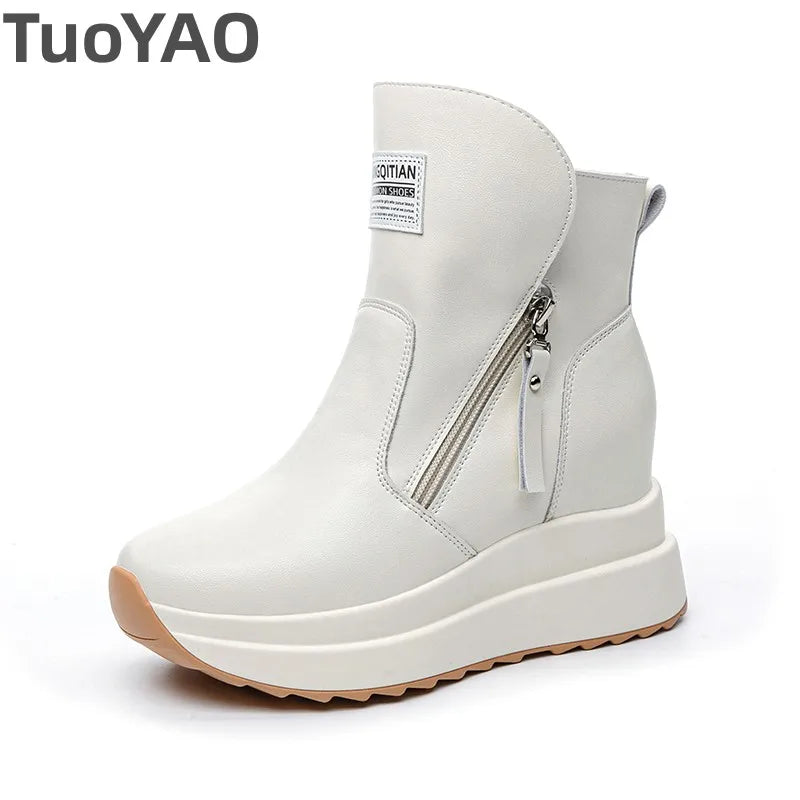 9cm White Black Women Ankle Boots Platform Wedge Heel Booties Shoes Microfiber Leather Spring Winter Fashion Sneakers High Top