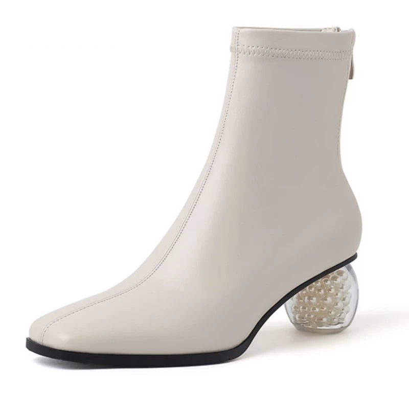 Stretchable Short Boots Women Square Toe Pearl Heels Young Ladies Fashion Ankle Boots Female Party Dating Shoes