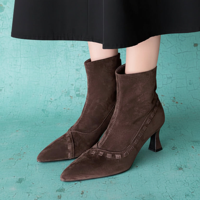 Elegant  Short Boots Pointy Toe Thin High Heels Office Lady Shoes Dress Autumn Real leather Suede women's Retro Boots