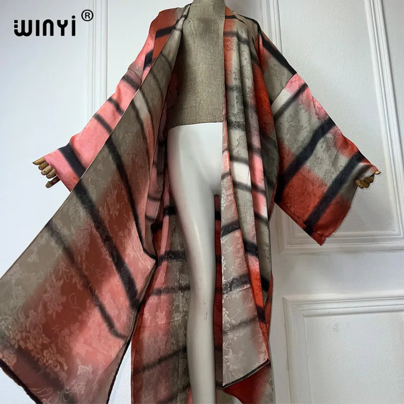 WINYI beach cover up print kimono Silk feel Dress Beach Wear Boho Cardigan abaya women muslim dress africa Long Sleeve coat