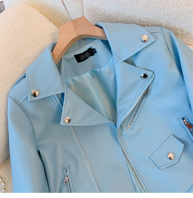 Blue PU leather jacket for women's spring autumn short Street style 2025 new retro motorcycle Leather Coat top