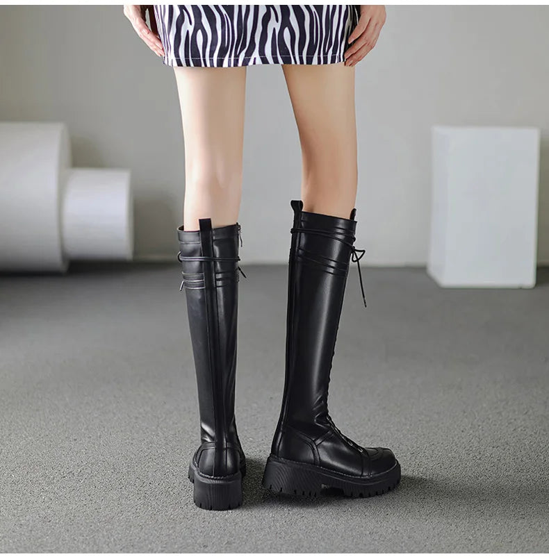 Ods Genuine Leather Women's High Knee Boots Winter Shoes Sexy Lace Up Black White Low Heels Party Shoes Girls Large Size 414243