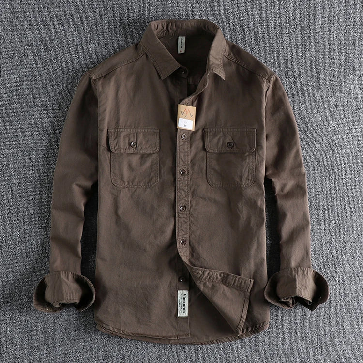 Autumn New American Retro Twill Woven Cargo Shirt Men's Fashion Pure Cotton Washed Old Long Sleeve Double Pocket Casual Blouses