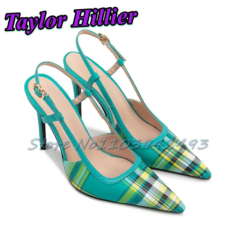 Patchwork Gingham Blue Heels Shallow Heeled Sandals Women Luxury Designer Shoes Summer Yellow Red Purple Buckle Strap Yellow New