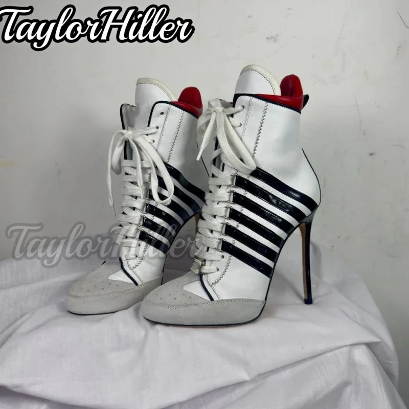 New White Black Striped Ankle Boots High Top Sport Sneakers Lace Up Luxury Pointy Toe High Heels Stiletto Patchwork Winter Shoes