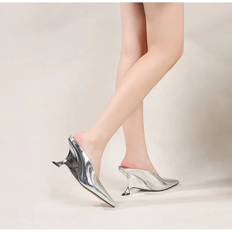 2024 New Design Fashion  Platform Wedges High Heels Mule Women Slippers Concise Shallow Pointed Toe Party Dress Ladies Shoes
