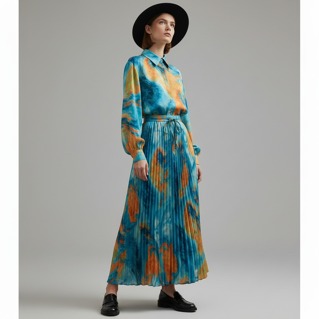 Spring Women's Retro Geometric Printed Collar Hoodie Loose Long Shirt Two Piece Set+Wide Leg Pants Fashion Set