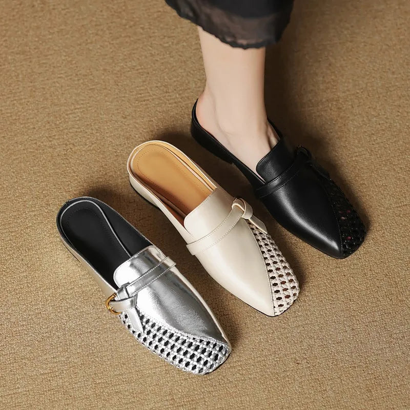 Dilalula 2025 Genuine Leather Hollow Women Mules Covered Toe Low Thick Heels Casual Slippers Ladies Summer Walk Belt Mesh Slides
