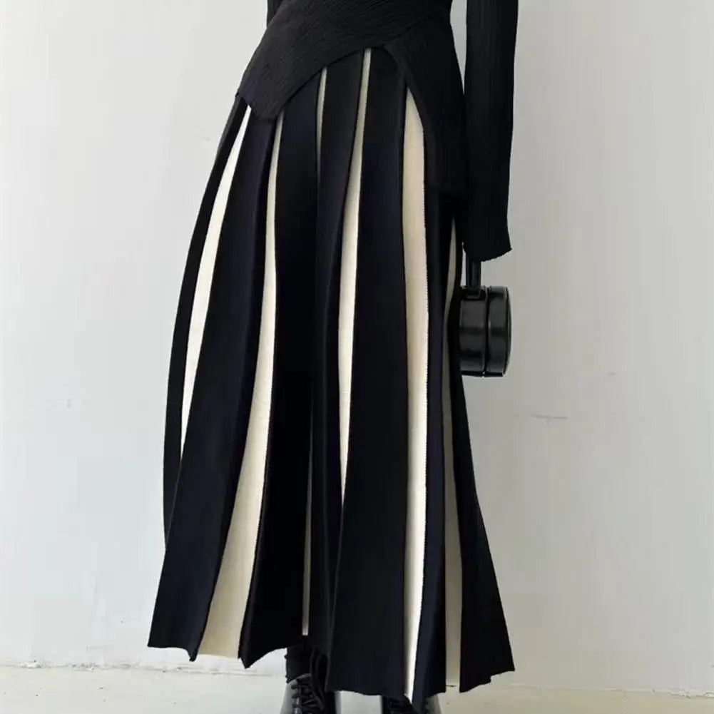 Women Midi Skirt High Waist Patchwork Color Pleated Skirt Ladies Autumn Knitting Skirt Women Versatile Comfortable Daily Wear