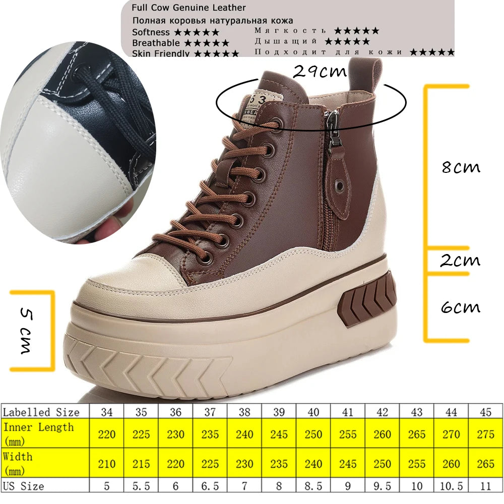 High Top Women Shoes Genuine Leather 8cm Platform Boots Ankle Wedge Hidden Heel Zip Autumn Warm Fur Winter Shoes Sneakers