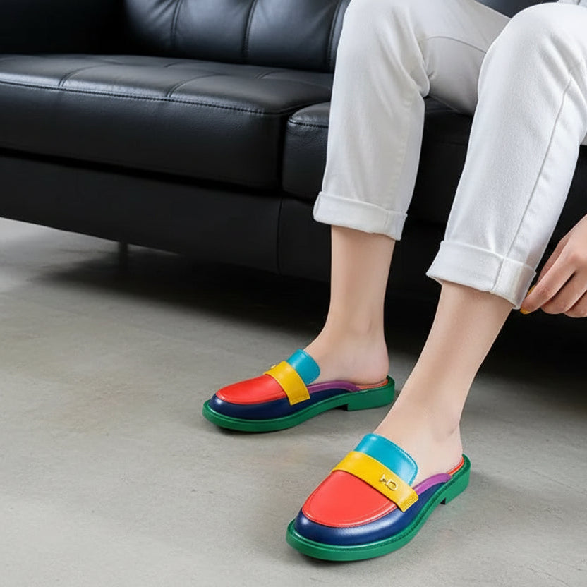 Spring Summer 2026 New Genuine Leather Slippers Women Mixed Color Covered Toe Fashion Mules Ladies Low Heels Slippers