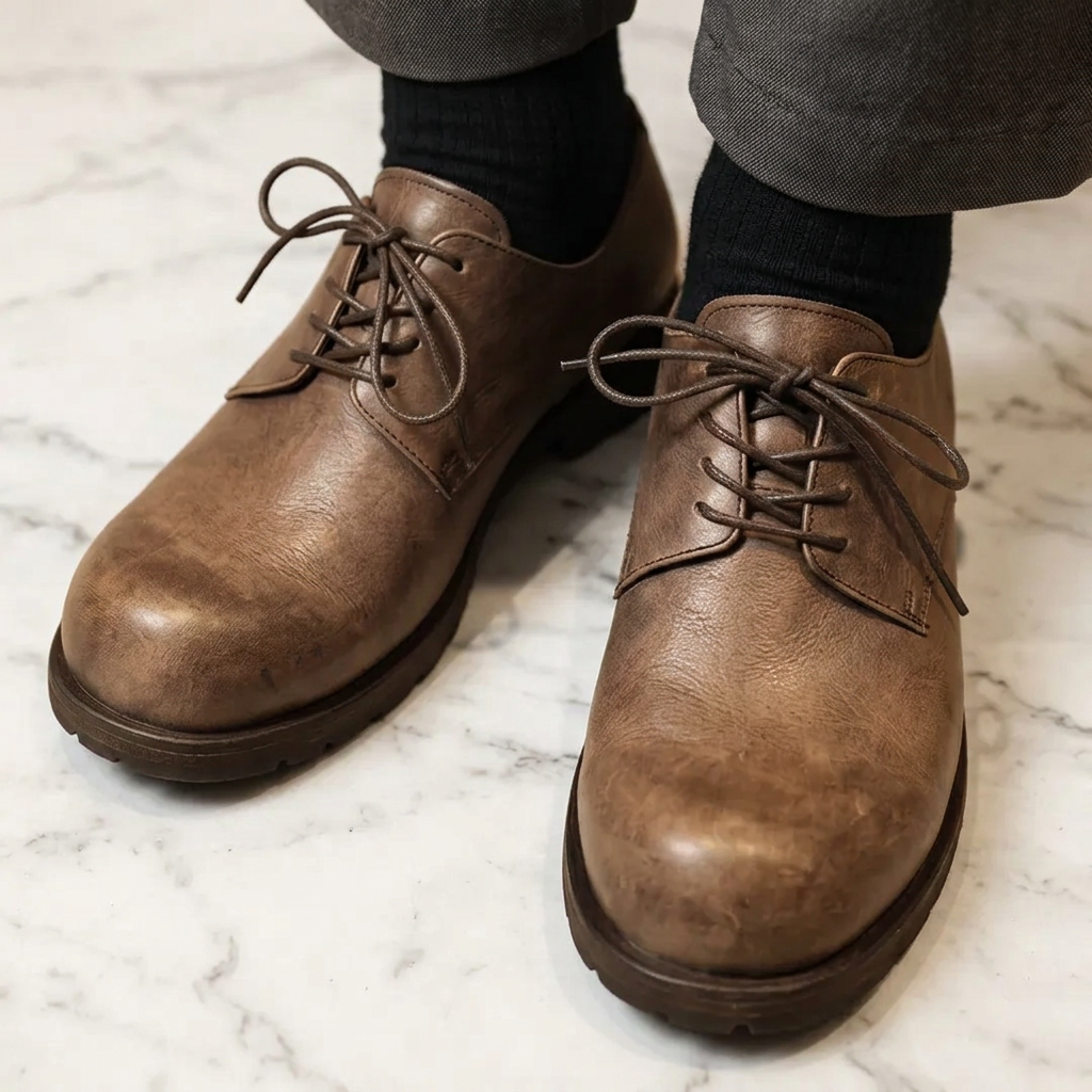 Big Round Toe Casual Shoes Low Cut Breathable Leather Shoes for Men Wear-Resistant Breathable Solid Color Handmade Men's Shoes