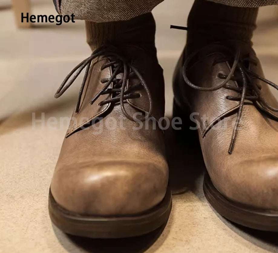 Big Round Toe Casual Shoes Low Cut Breathable Leather Shoes for Men Wear-Resistant Breathable Solid Color Handmade Men's Shoes