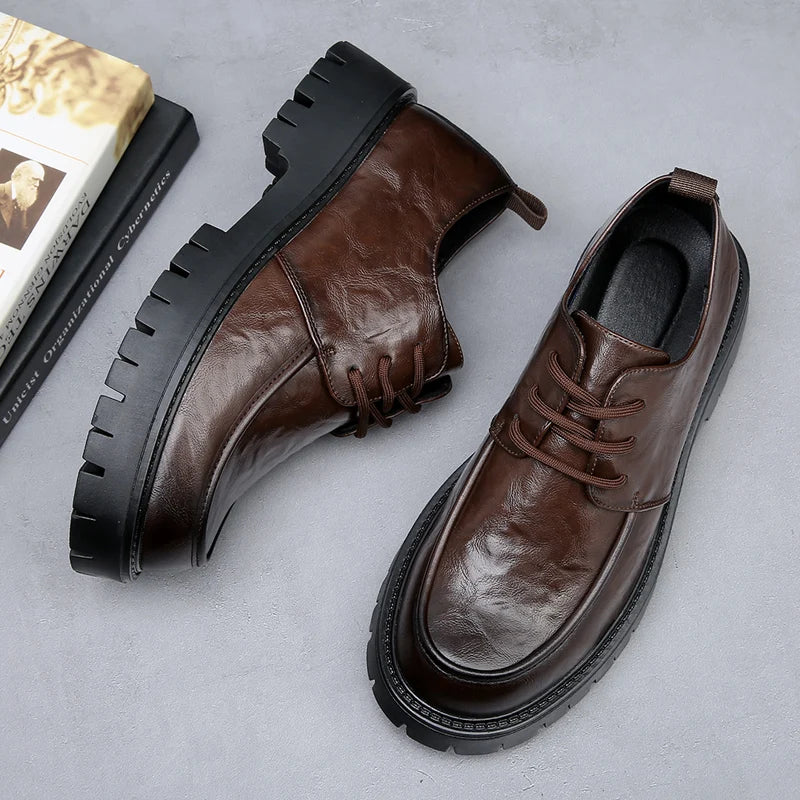 Men's Fashion Genuine Leather British Style Thick Bottom Work Shoes Classic Lace Up Comfortable Anti Slip Big Head Leather Shoes