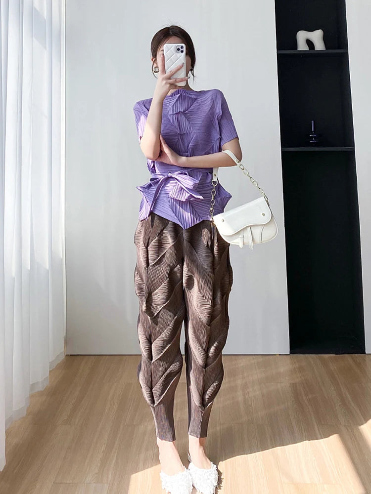 Miyake Pleated Pants Women Elastic Wiast 2023 New Summer Versatile Casual Pencil Trousers Solid Color Female Fashion  Pants