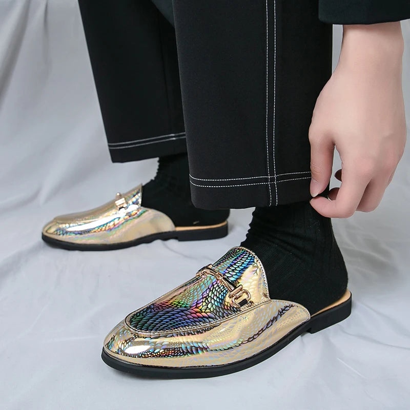 Fashion Brand Men's Cool Snake Skin Pattern Comfortable Half Back Leather Shoe Summer Men Breathable Bottom Casual Leather Shoes