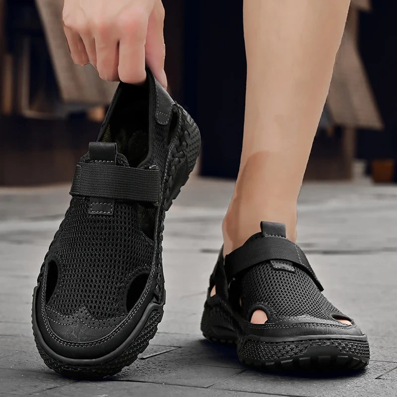Brand Mesh Leather Men Summer Loafers Breathable Driving Shoes Moccasins Hollow Out Male Cool Lazy Shoe Leisure Walk Men Sandals
