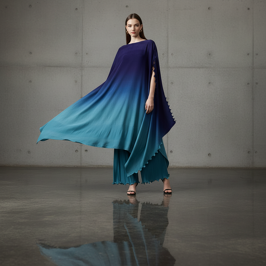 Miyake style  Pleated Bat Raglan Sleeve Irregular Dress Set Women 2025 New Fashion Original Designer Gradient Printing Two Piece Sets