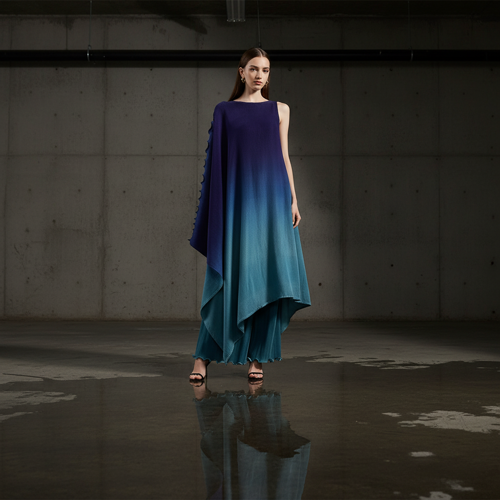 Miyake style  Pleated Bat Raglan Sleeve Irregular Dress Set Women 2025 New Fashion Original Designer Gradient Printing Two Piece Sets