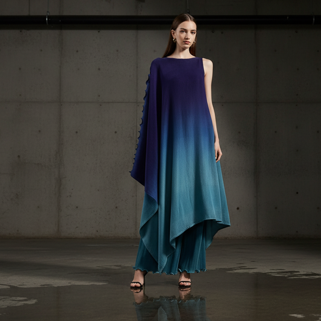 Miyake style  Pleated Bat Raglan Sleeve Irregular Dress Set Women 2025 New Fashion Original Designer Gradient Printing Two Piece Sets