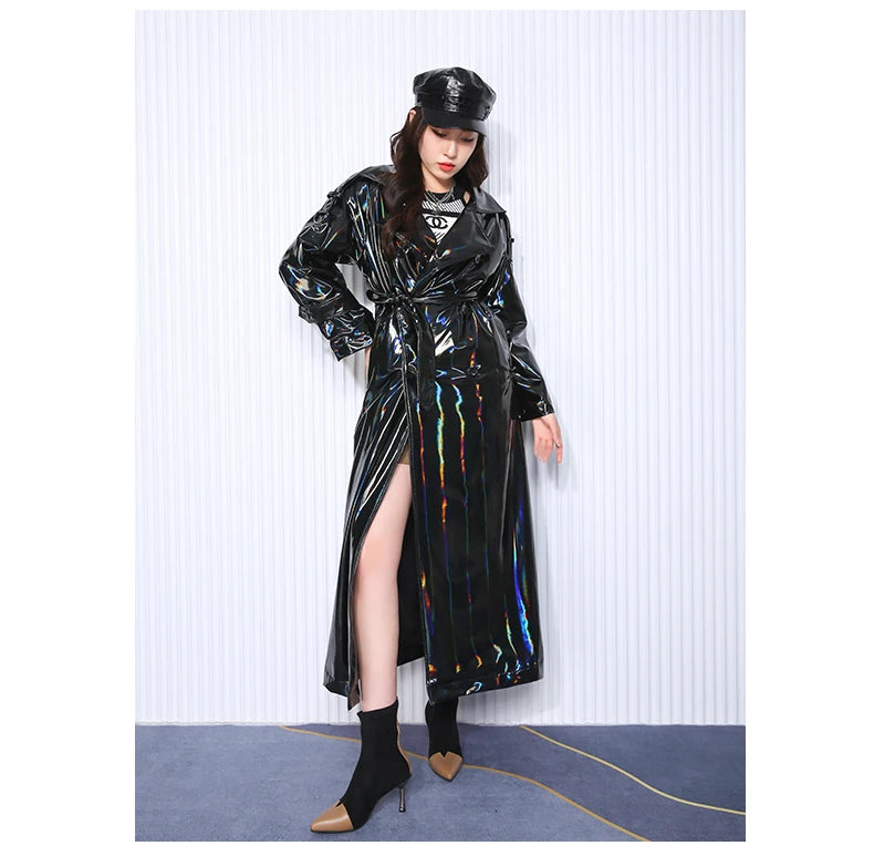 Nerazzurri Autumn Extra Long Black Holographic Shiny Reflective Stretchy Soft PVC Leather Trench Coat for Women European Fashion