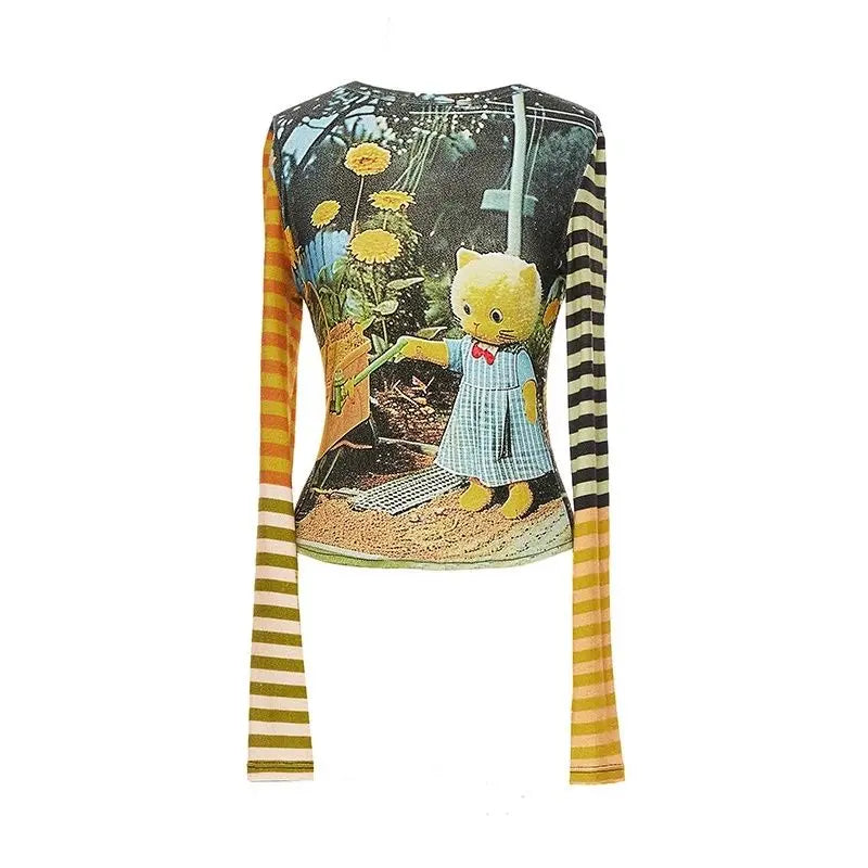 HOUZHOU Y2K Striped Graphic Juminocore Women T-Shirts Harajuku Kawaii Long Sleeve Japanese 2000s Style Tees Slim Cute Aesthetic