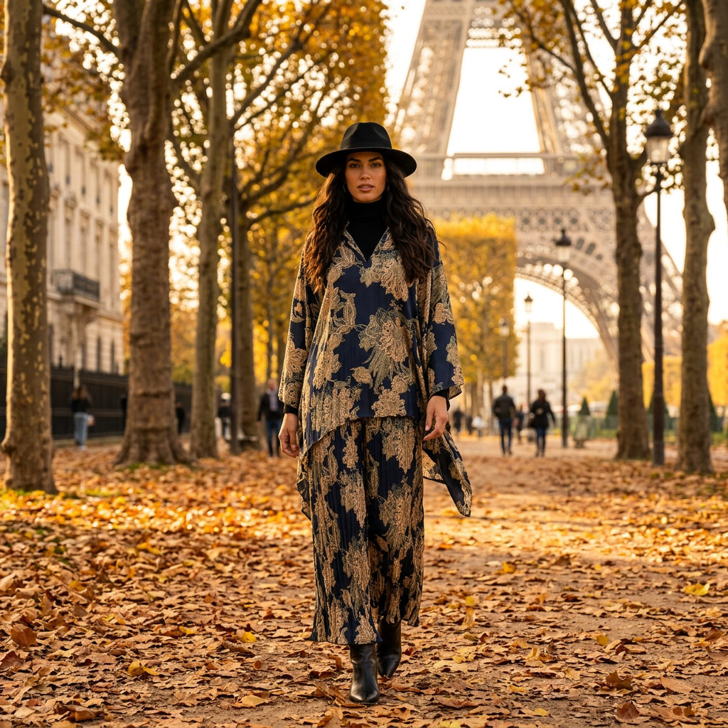 Retro geometric print V-neck pullover irregular dress 2026 autumn women's clothing+loose plus wide leg pants fashion set
