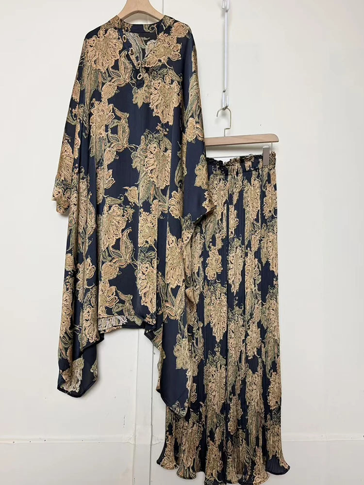 Retro geometric print V-neck pullover irregular dress 2026 autumn women's clothing+loose plus wide leg pants fashion set