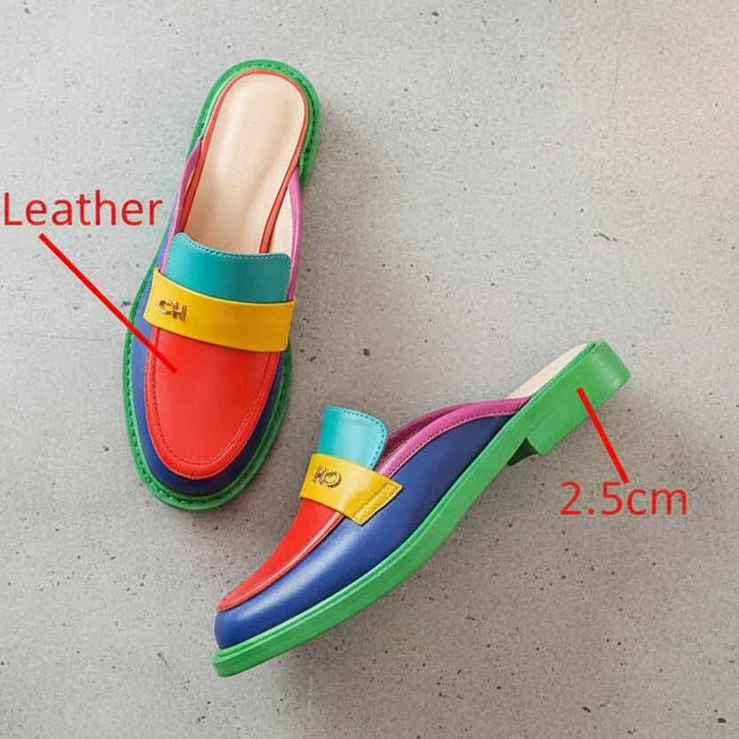Spring Summer 2026 New Genuine Leather Slippers Women Mixed Color Covered Toe Fashion Mules Ladies Low Heels Slippers