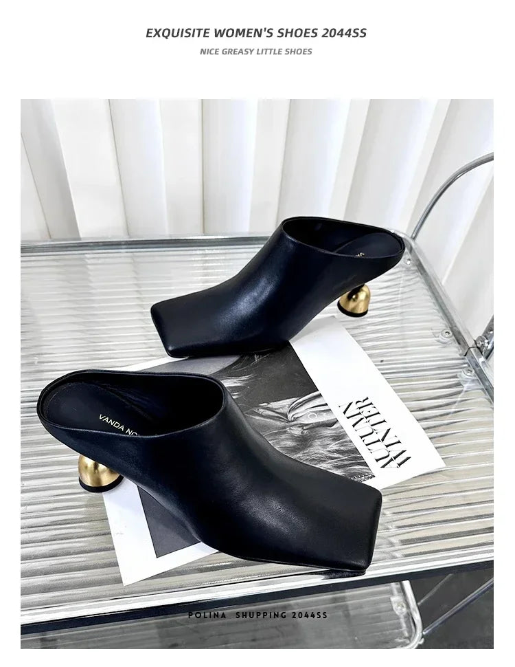 Retro Square Headed Wine Glasses and Slippers for Women in Summer 2025, New Style for Wearing Half Drag High Heels for Women