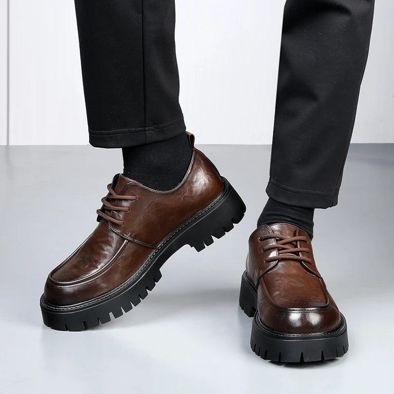 Men's Fashion Genuine Leather British Style Thick Bottom Work Shoes Classic Lace Up Comfortable Anti Slip Big Head Leather Shoes