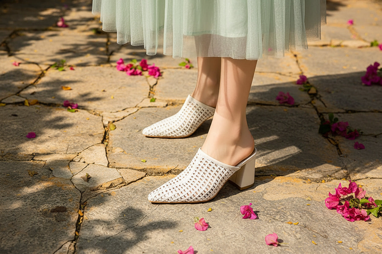 Elegant Braided Mules Women Covered Toe Breathable High Thick Heels Slippers Ladies Office Shoes Party Dating