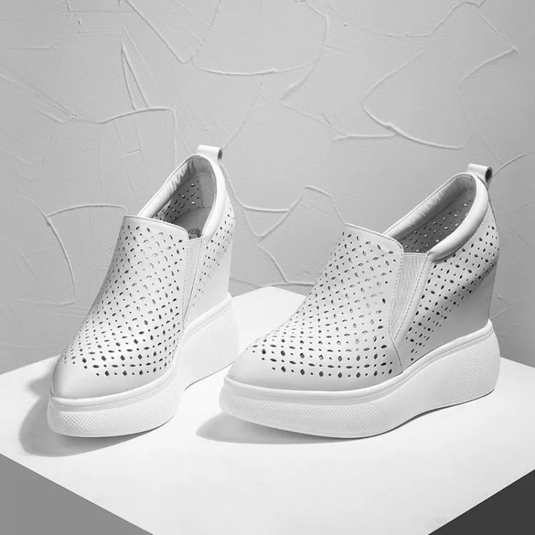 High Heels Hollow Out Shoes Casual Black White Women Sneakers Leisure Platform Shoes Slip-On Breathable Height Increasing Shoes
